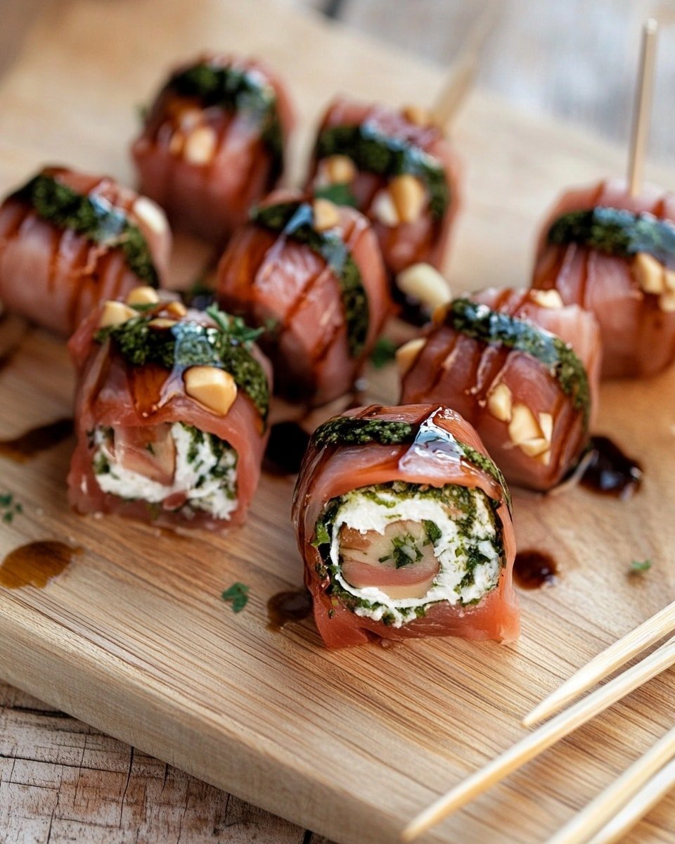 The image shows a close-up of a small rolled appetizer on a wooden board with a white marbled background. The roll has three main layers: the outer layer is thin slices of pink cured meat wrapped around the inside, which contains a creamy white cheese layer mixed with green herbs, and pieces of red tomatoes. On top of the roll, there are thin, dark brown drizzle lines of balsamic glaze, with extra glaze drops on the wooden board around the roll. Other similar rolls are blurred in the background, adding depth to the image. Photo taken with an iphone --ar 4:5 --v 6.1