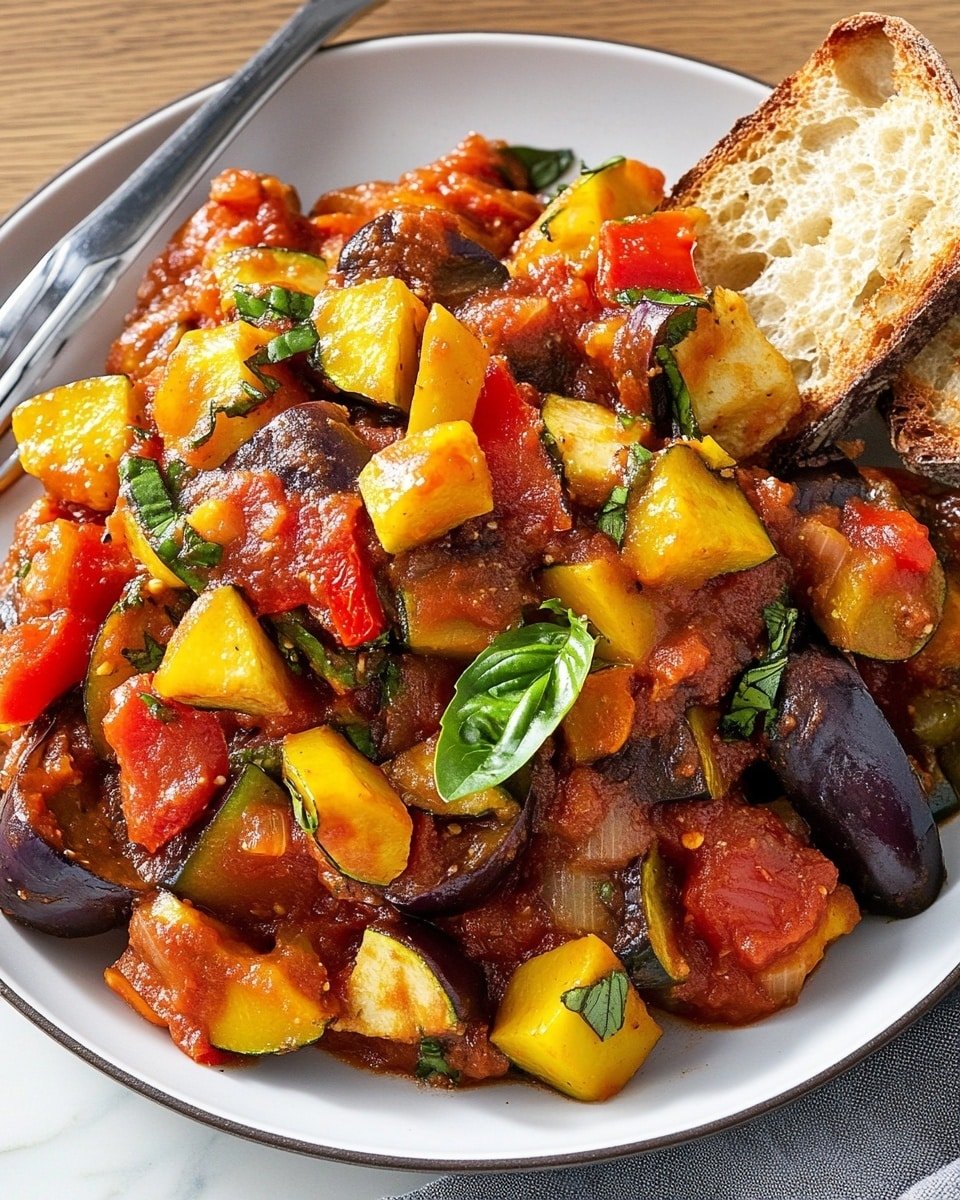 The dish is a colorful mix of cooked vegetables served on a white plate, showing about three main layers: the bottom layer includes chunky, soft tomato sauce in rich red color with some seeds visible; layered on top are pieces of yellow squash and green zucchini, both cut into thick, round slices with tender textures; scattered throughout are dark purple eggplant cubes with a slightly shiny look; bright red bell pepper chunks add extra color; thin green strips of fresh basil are sprinkled over everything for a fresh contrast; to the side, a piece of toasted bread with a crusty texture rests partially on a white marbled surface; a silver fork is placed on the edge of the plate, reflecting light gently; the background has a subtle wood grain pattern visible under the marbled surface. photo taken with an iphone --ar 4:5 --v 6.1