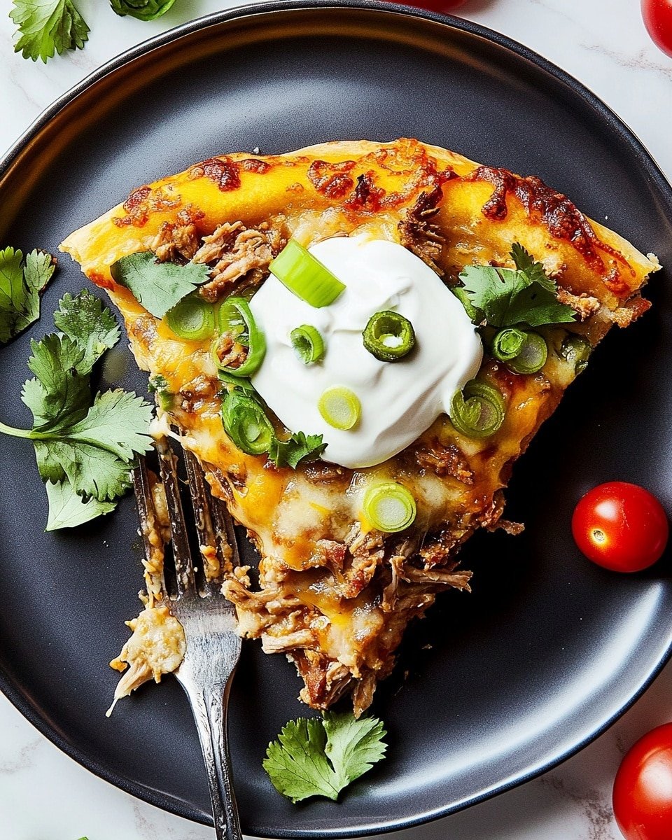 A slice of pizza sits on a white plate, showing three main layers: a golden brown crust at the bottom with a slightly crispy texture, a generous middle layer of shredded cooked meat with a light brown color, and a top layer of melted cheese with some browned edges. On top, there are small green onion slices, fresh cilantro leaves, and halved cherry tomatoes in red, adding a fresh and colorful touch. A dollop of white sour cream sits at the center with a small spoonful of green sauce on top. A silver fork is placed at the bottom edge of the pizza slice. The plate rests on a white marbled surface, with lime wedges partly visible around it. Photo taken with an iphone --ar 4:5 --v 6.1