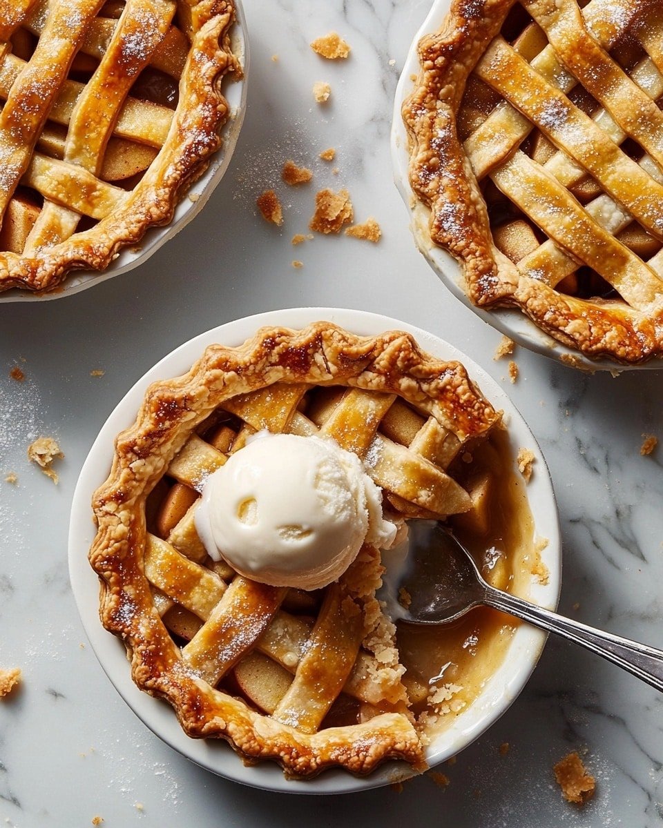 The image shows four small lattice-topped apple pies with golden-brown crusts sprinkled with large sugar crystals. One pie, placed near the center on a white plate, is partly eaten, revealing a warm filling of diced, cinnamon-spiced apple chunks that are a caramel brown color. A silver spoon rests inside this pie, scooping up some filling and crust. On top of this pie is a round scoop of creamy vanilla ice cream, which is melting slightly over the lattice crust. The pies rest on a white marbled surface with scattered pie crust crumbs around. Photo taken with an iphone --ar 4:5 --v 6.1