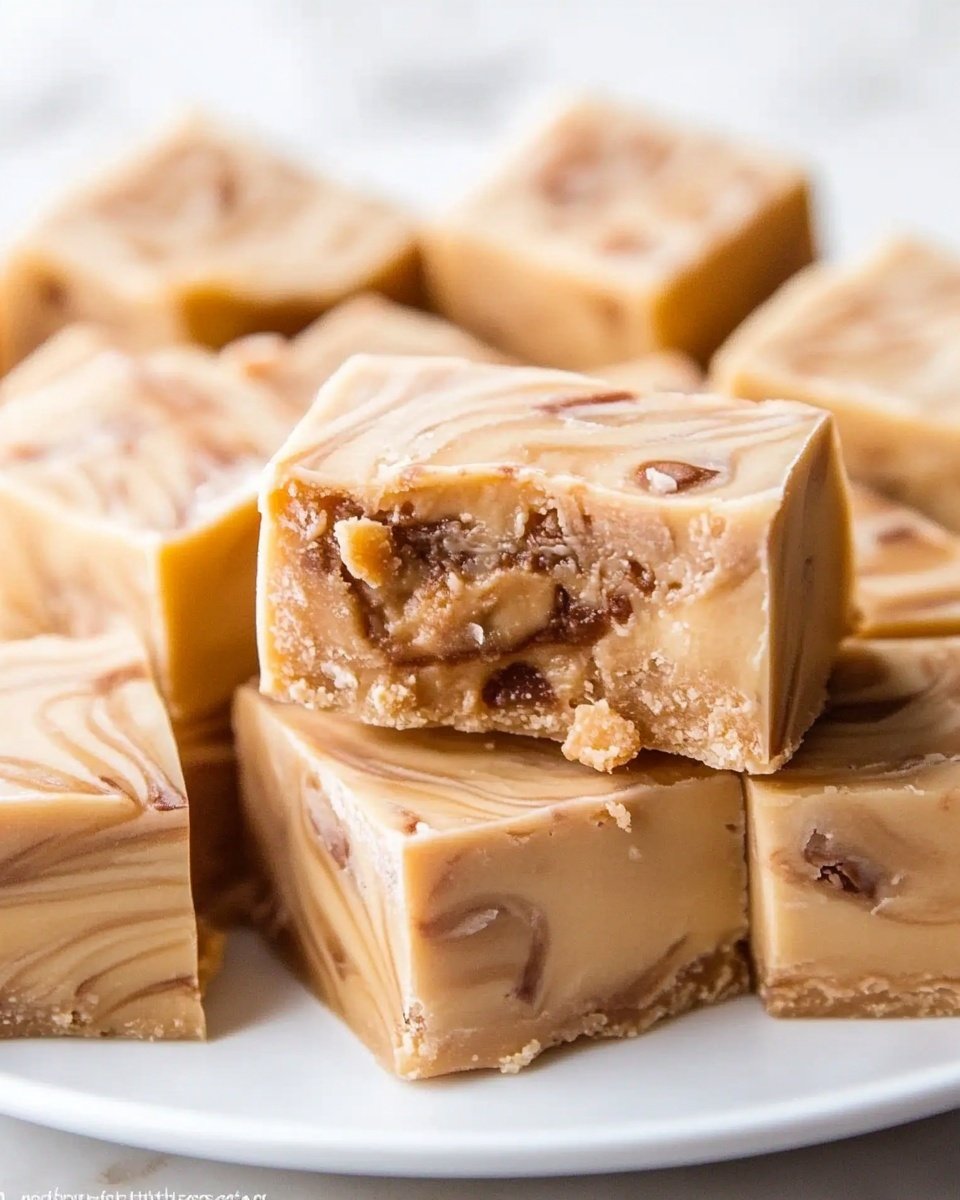 The image shows several square pieces of light tan fudge with visible swirls of a darker brown color, stacked and arranged closely together on a white plate. One piece in the front has a bite taken out of it, revealing the soft but dense texture inside along with small bits of nuts or chocolate. The surface of the fudge pieces is smooth with subtle swirl patterns, indicating layers mixed in. The background is a white marbled texture. Photo taken with an iphone --ar 4:5 --v 6.1