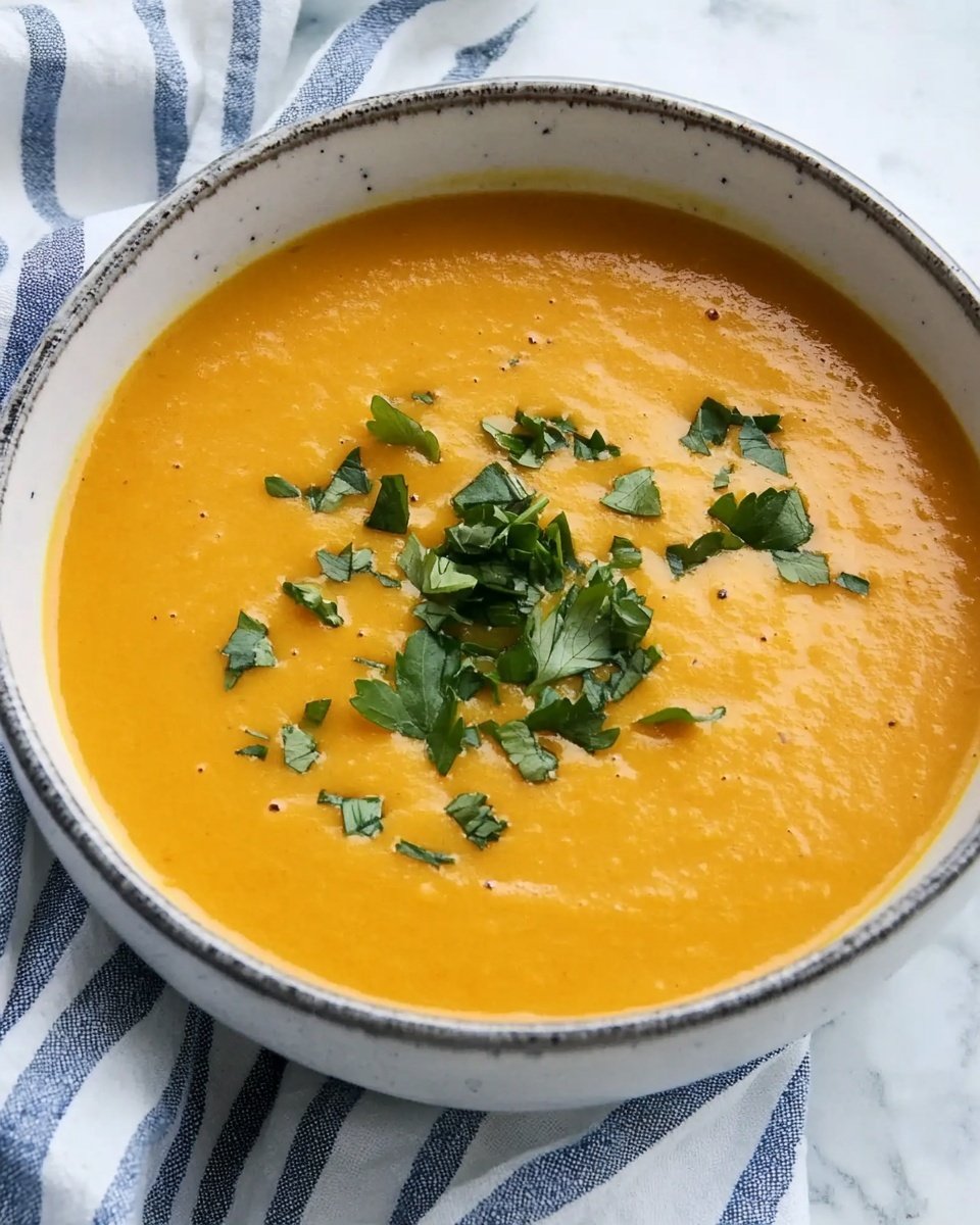 A bowl of smooth, thick orange soup fills a white bowl with a gray rim, topped with small pieces of bright green herbs scattered evenly over the surface. The bowl sits on a striped cloth with light and dark colors, placed on a white marbled surface. The soup's texture looks creamy and soft, while the herbs add a fresh touch to the warm, orange color. photo taken with an iphone --ar 4:5 --v 6.1