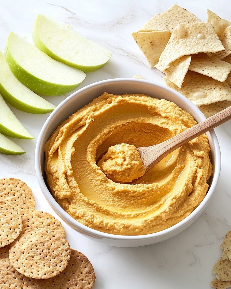 The image shows a white bowl full of creamy, thick pale orange hummus with a wooden spoon resting on top, slightly dipped into the hummus creating soft swirls. Surrounding the bowl on a white marbled surface are slices of green apple arranged in a semi-circle on the left, a small stack of round beige crackers next to the apple slices, and scattered golden-brown chips or crisps on the right side. The colors contrast nicely with the white bowl and white marbled background. photo taken with an iphone --ar 4:5 --v 6.1