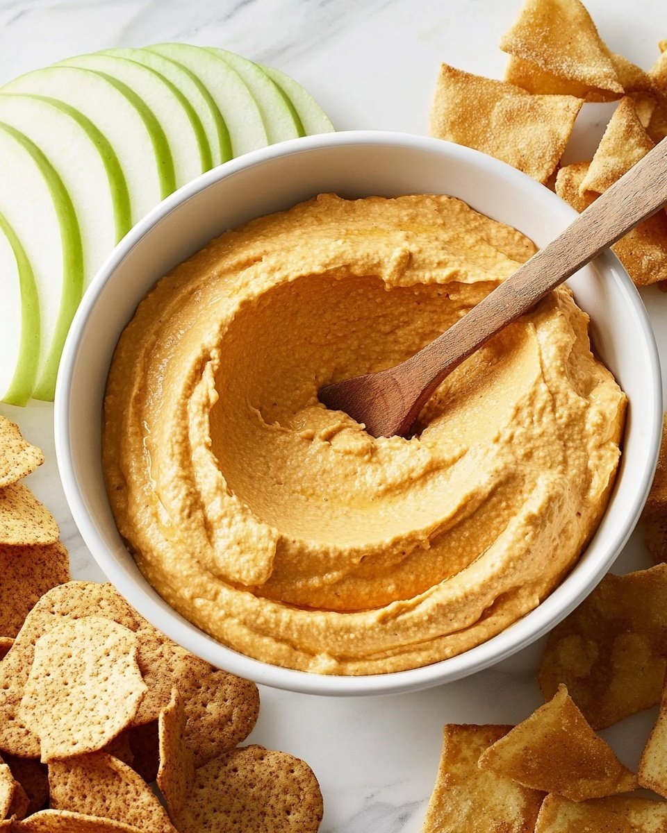A white bowl filled with creamy, light orange spread that has a smooth, whipped texture, with a wooden spoon resting inside it. Around the bowl, there are slices of green apple arranged in a fan shape on the left side, a small stack of round golden brown crackers to the left of the bowl, and scattered golden brown crispy chips on the right side. The food is set on a white marbled surface. photo taken with an iphone --ar 4:5 --v 6.1