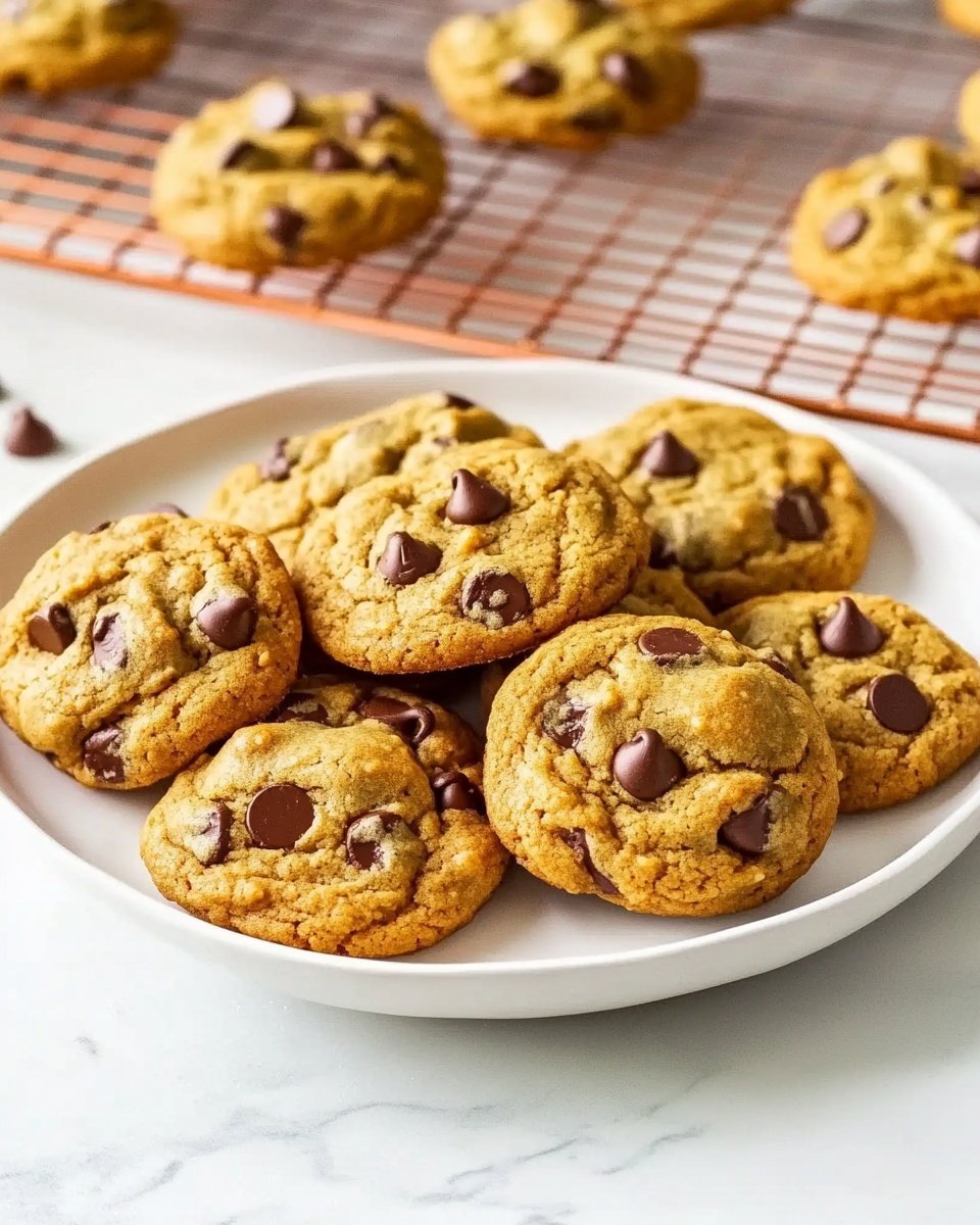 The image shows a white round plate filled with eight small, round, light brown cookies with scattered dark brown chocolate chips on top and inside. The cookies have a soft, slightly puffy texture and are arranged closely together on the plate. In the background, there is a cooling rack with more cookies. The surface under the plate is a white marbled texture. Photo taken with an iphone --ar 4:5 --v 6.1