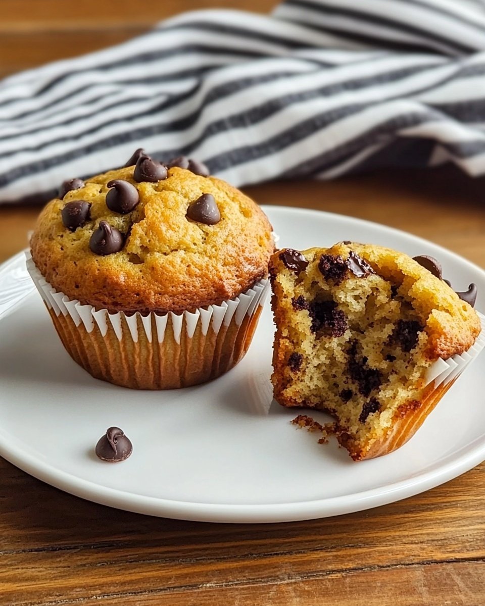 A white plate holds two golden brown muffins with dark chocolate chips. One muffin is whole with a rounded, slightly cracked top showing a few chocolate chips on the surface. The other muffin is open, revealing a soft, crumbly inside with chocolate chips scattered inside and on the torn piece resting beside it. The muffins have white paper liners and the plate is on a wooden surface. A folded striped cloth is partially visible in the background. Photo taken with an iphone --ar 4:5 --v 6.1