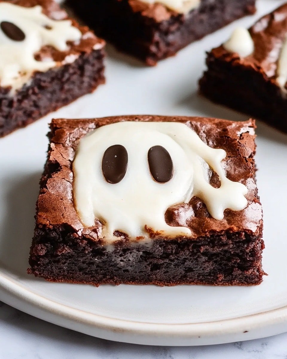 A close-up image of a square brownie with a two-layer design, placed on a round white plate over a white marbled surface. The bottom layer is thick, dark brown, and textured, showing the classic dense and slightly cracked surface of a baked brownie. The top layer forms a creamy white ghost shape that takes up most of the center, with three small darker brown spots representing ghost eyes and mouth embedded smoothly into the white area. Around the main brownie, several other similar brownies are partially visible, also featuring the ghost shape on top. Photo taken with an iphone --ar 4:5 --v 6.1