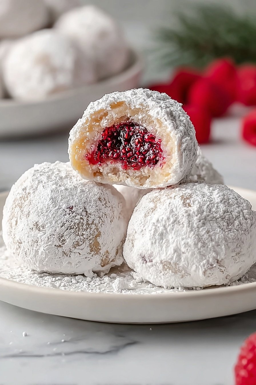Raspberry Almond Snowball Cookies, snowball cookies with raspberry and almonds, easy holiday cookie recipes, buttery raspberry cookies, almond-filled snowball treats - The image shows three round treats on a white plate with a white marbled surface below. Each treat is covered in a thick layer of white powdered sugar, giving a rough texture on the outside. One treat is open, showing a bright red filling with visible raspberry seeds inside, surrounded by a light dough layer. In the background, there are blurred red raspberries and more powdered treats. Photo taken with an iphone --ar 2:3 --v 7