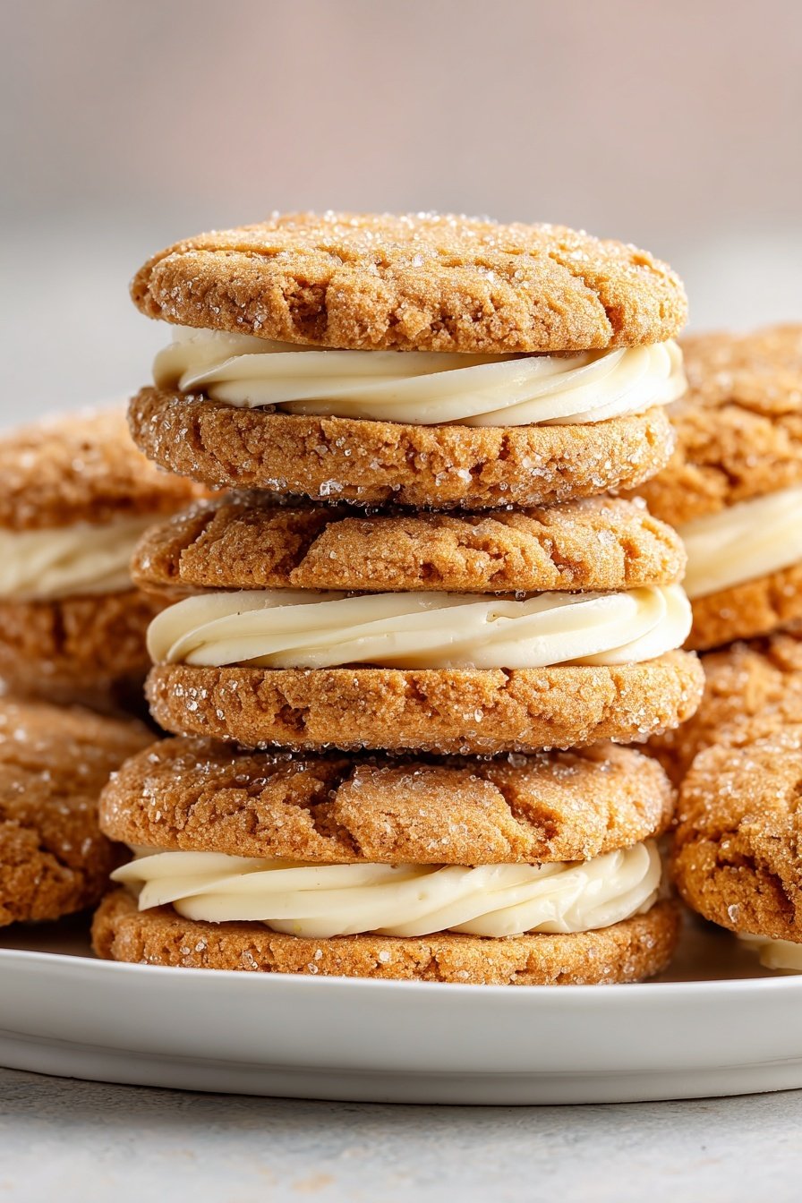 Gingerbread Sandwich Cookies with Vanilla Buttercream, holiday gingerbread cookies, spiced sandwich cookies, vanilla buttercream filling, festive gingerbread treats - The image shows a stack of round sandwich cookies on a white plate, each cookie having two light brown layers with a rough, crumbly texture and large sugar crystals on top, and a thick middle layer of smooth, white cream filling. The cookies are piled unevenly, creating a cozy, inviting look. The background is blurred with hints of red and green, making the cookies the main focus. The surface is a white marbled texture. Photo taken with an iphone --ar 2:3 --v 7