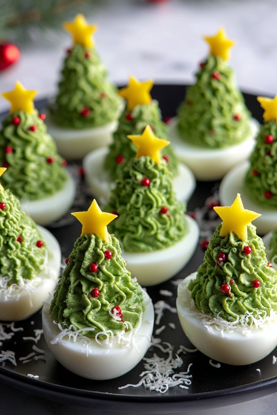 Deviled Egg Christmas Trees, holiday appetizer ideas, festive deviled eggs, Christmas party finger foods, creative holiday snacks - The image shows a black plate holding several deviled eggs arranged in rows on a white marbled surface. Each deviled egg has a smooth, glossy white base made from half of a boiled egg white. On top of each base, there is a tall, textured green filling piped in a swirl to look like a Christmas tree, with tiny red bits scattered evenly as decorations. White shredded elements resembling snow are sprinkled over the green filling and the plate. Each green topping is finished with a small yellow star-shaped piece placed at the peak of the tree shape. The whole setup is neat and festive, evoking holiday decoration. photo taken with an iphone --ar 2:3 --v 7