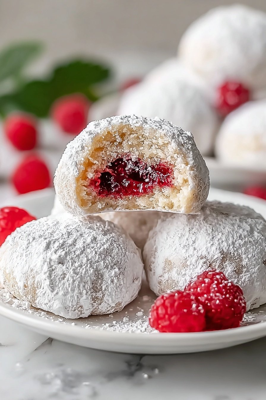 Raspberry Almond Snowball Cookies, snowball cookies with raspberry and almonds, easy holiday cookie recipes, buttery raspberry cookies, almond-filled snowball treats - A white plate holds three round cookies covered in white powdered sugar, which gives them a rough and powdery texture on the outside. One cookie is stacked on top of another and has a bite taken out, showing a bright red raspberry filling inside surrounded by a light beige dough layer. In the background, blurred out, are more similar cookies and fresh red raspberries with some green leaves. The plate is placed on a white marbled surface, and the overall look is soft and bright with the red raspberry filling standing out clearly. Photo taken with an iphone --ar 2:3 --v 7
