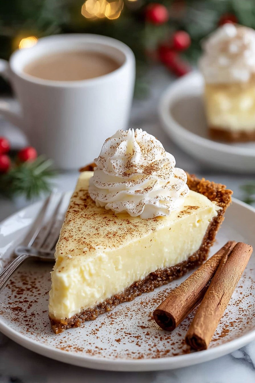 Christmas Eve Cinnamon-Vanilla Custard Pie, holiday custard pie, festive dessert recipe, creamy holiday dessert, Christmas dessert ideas - A single slice of creamy pale yellow pie with a thick brown crust sits on a white plate; the pie is topped with a swirl of white whipped cream dusted with brown cinnamon powder. Two cinnamon sticks lay beside the pie on the plate, which also has a light sprinkling of cinnamon. In the blurred background, a white cup filled with a light brown drink and a clear glass with a white liquid can be seen, along with some green pine needles and red berries. The surface beneath the plate has a white marbled look. Photo taken with an iphone --ar 2:3 --v 7