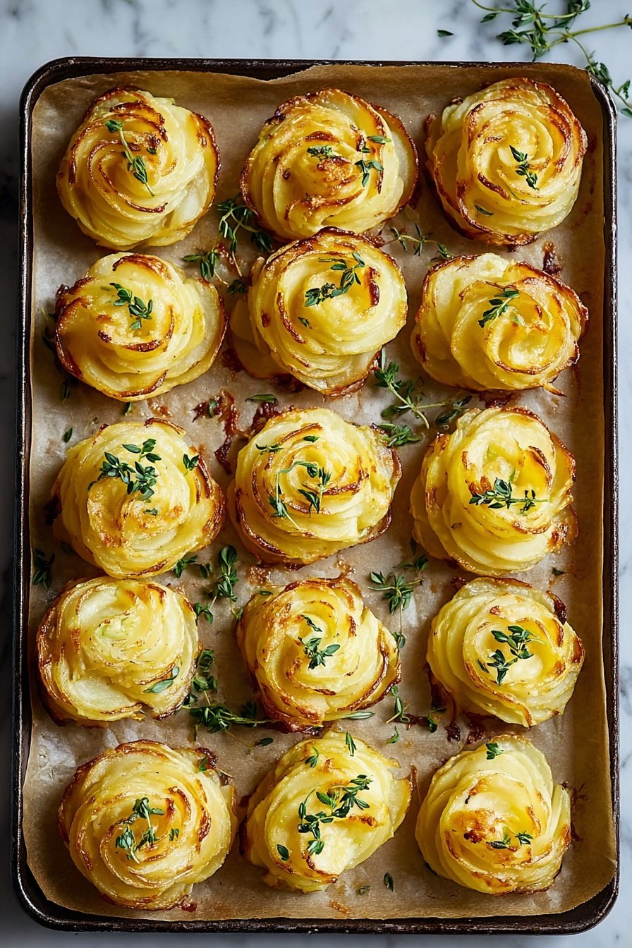 Duchess Potatoes, elegant potato side dish, buttery mashed potatoes, crispy potato rosettes, holiday side dishes - The image shows twelve small potato swirls arranged in four rows of three on a baking tray lined with parchment paper. Each swirl looks like a rose made of layers of golden-yellow mashed potato, with browned edges giving a crispy texture. The potato layers have a soft, smooth look with slight ridges from piping. Small green herb leaves, likely thyme, are placed on top of each swirl and scattered on the parchment around them. The tray sits on a surface with a white marbled texture. photo taken with an iphone --ar 2:3 --v 7