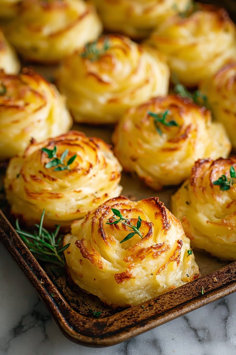 Duchess Potatoes, elegant potato side dish, buttery mashed potatoes, crispy potato rosettes, holiday side dishes - The image shows a baking tray filled with small, round swirls of mashed potatoes that have a golden brown, slightly crispy top layer with lighter creamy yellow layers underneath. Each potato swirl has a curled, layered texture like a rose, and there are small green herb sprigs placed on top of some of them, adding a fresh contrast. The baking tray has a well-used, dark metal look, and the background is softly blurred with a white marbled texture. Photo taken with an iphone --ar 2:3 --v 7