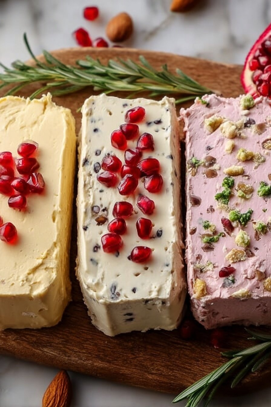 Flavor-Filled Butter Spreads, Pomegranate Cinnamon Blackberry Chive Garlic, easy fruit and savory butter spreads, versatile flavored butter recipes, quick homemade butter spreads - Three thick slices of soft spreads are placed side by side on a wooden board against a white marbled background. The left slice is pale yellow with a smooth, creamy texture, topped with a few bright red pomegranate seeds. The middle slice is white with small black seeds mixed inside, garnished with red pomegranate seeds scattered on top. The right slice is light pink with a fluffy texture, sprinkled with small green chopped herbs and some seeds embedded inside. Around the board, a few loose pomegranate seeds, a whole almond, a sprig of rosemary, and part of a pomegranate fruit add natural color accents. Photo taken with an iphone --ar 2:3 --v 7