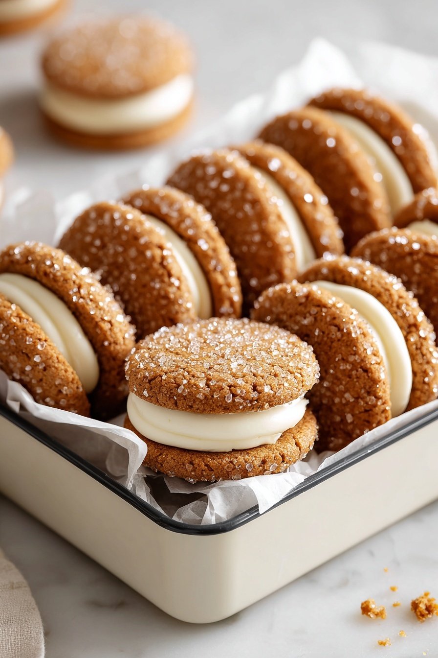 Gingerbread Sandwich Cookies with Vanilla Buttercream, holiday gingerbread cookies, spiced sandwich cookies, vanilla buttercream filling, festive gingerbread treats - The image shows a close-up of a tall stack of cream-filled sandwich cookies arranged on a white plate. Each cookie has two golden-brown, cracked cookies with a rough texture coated in large sugar crystals, giving them a sparkling look. Between the cookie layers, there is a thick layer of smooth, creamy white filling. The cookies are stacked unevenly, showing their round shape and crumbly edges. The background is blurred with soft colors, and the whole scene is bright and clear. photo taken with an iphone --ar 2:3 --v 7