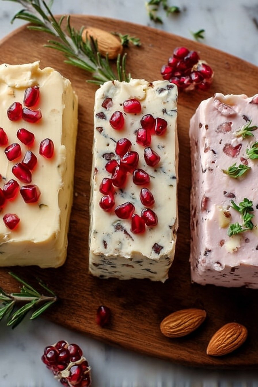Flavor-Filled Butter Spreads, Pomegranate Cinnamon Blackberry Chive Garlic, easy fruit and savory butter spreads, versatile flavored butter recipes, quick homemade butter spreads - The image shows three rectangular blocks of cheese on a wooden board. The left block is pale yellow with a smooth texture and topped with scattered bright red pomegranate seeds. The middle block is white with black specks mixed inside, also topped with pomegranate seeds. The right block is light pink with a creamy texture, sprinkled with small green herbs on top. Around the board, there are a few more pomegranate seeds, an almond, a sprig of rosemary, and a cut pomegranate piece. The background has a white marbled texture. Photo taken with an iphone --ar 2:3 --v 7