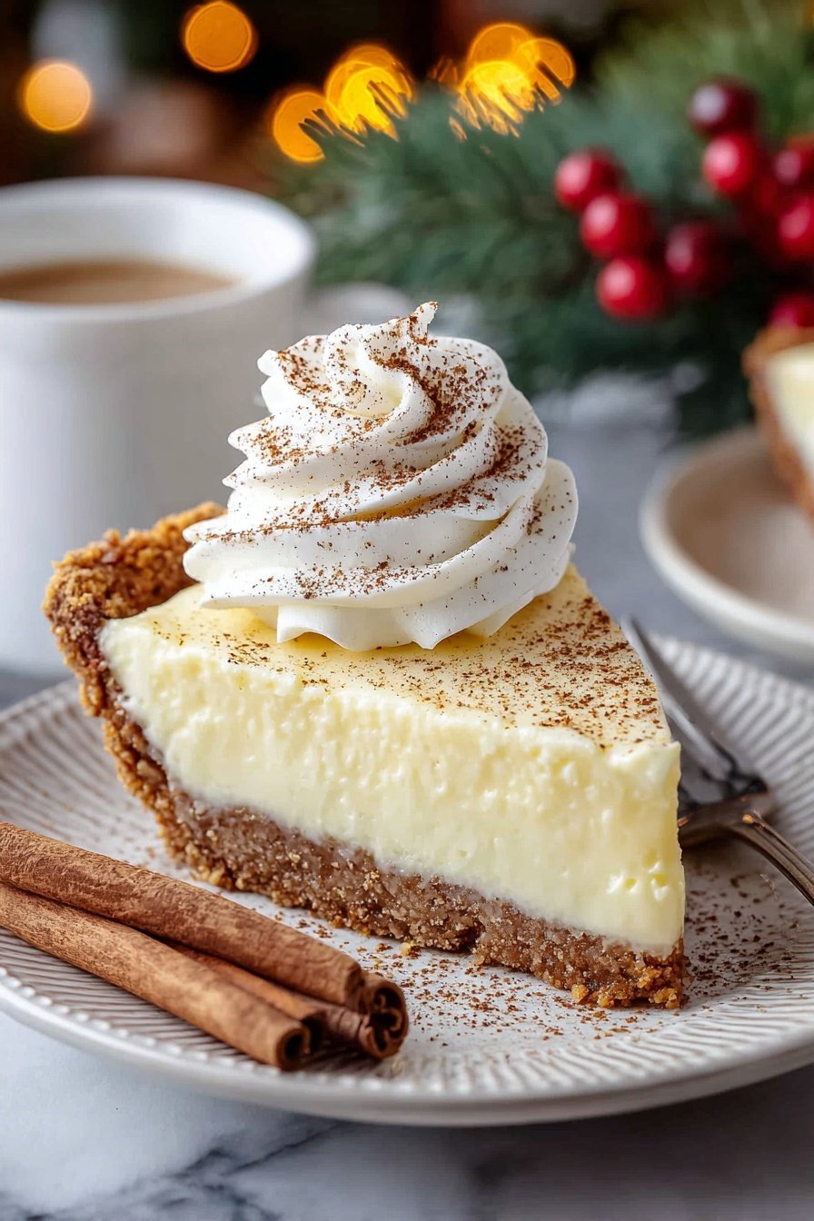 Christmas Eve Cinnamon-Vanilla Custard Pie, holiday custard pie, festive dessert recipe, creamy holiday dessert, Christmas dessert ideas - A slice of creamy pie sits on a white plate with a textured edge, showing three layers: a crumbly light brown crust at the bottom, a thick smooth pale yellow filling in the middle, and a tall swirl of white whipped cream dusted with fine brown powder on top. Two brown cinnamon sticks rest on the plate beside the pie. The background is softly blurred with warm bokeh lights and a hint of green pine needles and red berries, while a white cup of coffee and a glass of milk are partially visible. The surface beneath is a white marbled texture. Photo taken with an iphone --ar 2:3 --v 7