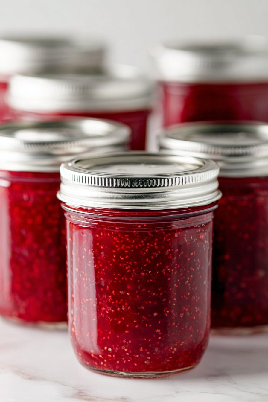 Christmas Cranberry Strawberry Jam, Crockpot jam, holiday fruit preserves, easy Christmas jam recipe, festive cranberry strawberry spread - Several clear glass jars filled with bright red jam are shown, each jar sealed with a shiny silver metal lid. The jam inside the jars has a thick texture with small visible seeds scattered throughout, giving the red color a slightly speckled look. The jars are closely placed, with the front jar sharply in focus and the others softly blurred behind it. The jars sit on a surface with a white marbled texture, and the background is also a soft, light color. photo taken with an iphone --ar 2:3 --v 7