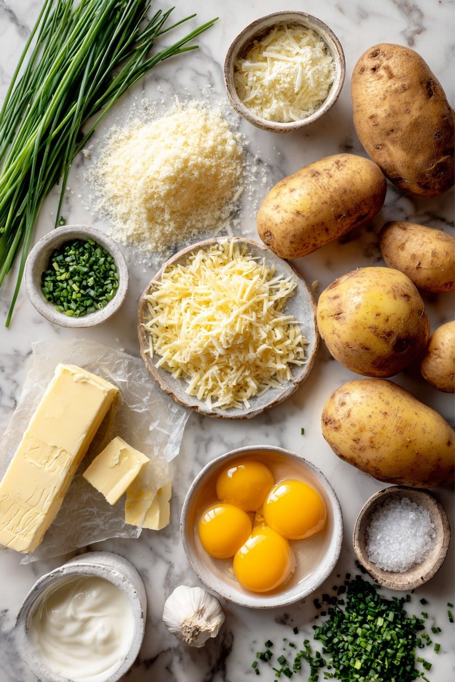 Duchess Potatoes, elegant potato side dish, buttery mashed potatoes, crispy potato rosettes, holiday side dishes - Flat lay of peeled russet potatoes whole and chopped, a small mound of grated Parmesan cheese, three bright egg yolks, fresh green chopped chives scattered loosely, a stick of unsalted butter, a small bowl of heavy cream, and a sprinkle of coarse sea salt crystals, all beautifully arranged on a white marble surface, photo taken with an iphone --ar 2:3 --v 7