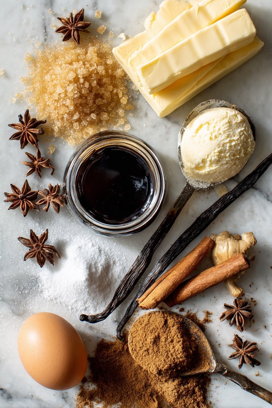 Gingerbread Sandwich Cookies with Vanilla Buttercream, holiday gingerbread cookies, spiced sandwich cookies, vanilla buttercream filling, festive gingerbread treats - Flat lay of rich dark molasses in a small glass jar, golden brown light brown sugar crystals scattered beside it, warm golden sticks of unsalted butter, bright white powdered sugar dusted lightly, aromatic ground ginger and cinnamon powders in small neat piles, whole nutmeg and star anise pods arranged artistically, a fresh brown egg with a smooth shell, and a vanilla bean pod split open to reveal tiny seeds, all beautifully arranged on a white marble surface, photo taken with an iphone --ar 2:3 --v 7