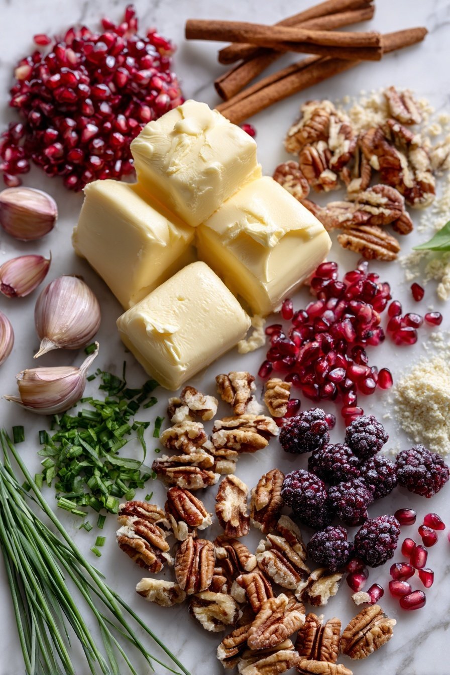 Flavor-Filled Butter Spreads, Pomegranate Cinnamon Blackberry Chive Garlic, easy fruit and savory butter spreads, versatile flavored butter recipes, quick homemade butter spreads - Flat lay of softened butter scoops surrounded by bright ruby red pomegranate seeds, glossy deep purple blackberries, golden chopped almonds, rich chopped walnuts, earthy chopped pecans, fresh vibrant green chives, fragrant roasted garlic cloves, and sprigs of green basil leaves, all carefully arranged with a sprinkle of warm cinnamon sticks and small piles of brown sugar, placed on a white marble surface, photo taken with an iphone --ar 2:3 --v 7