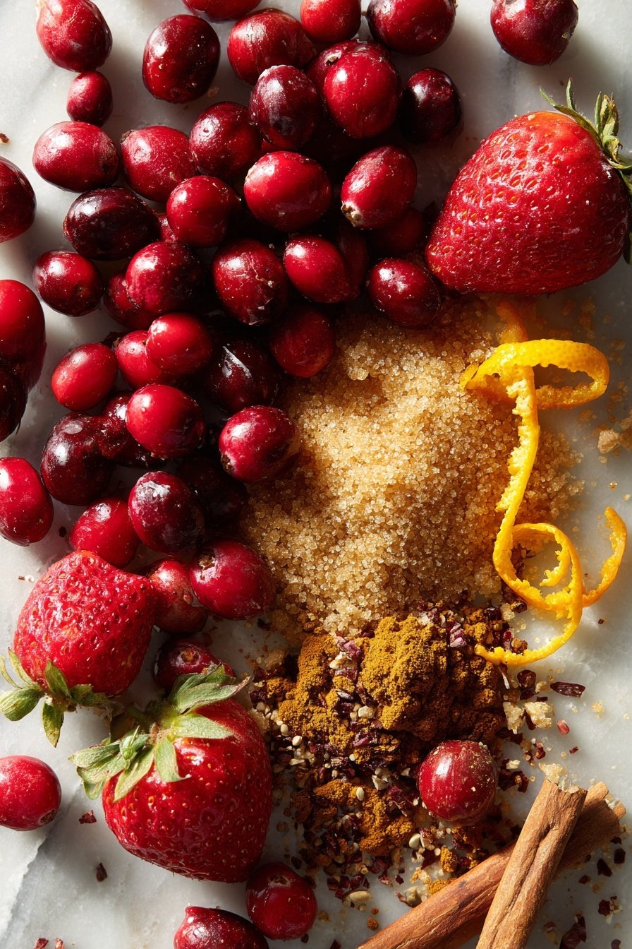 Christmas Cranberry Strawberry Jam, Crockpot jam, holiday fruit preserves, easy Christmas jam recipe, festive cranberry strawberry spread - Flat lay of fresh cranberries and ripe strawberries scattered alongside light and dark brown sugar in small heaps, sprinkled ground cinnamon, allspice, and ginger arranged in neat piles, with a bright orange zest curl and a drop of lemon juice glistening nearby, placed on a white marble surface, photo taken with an iphone --ar 2:3 --v 7