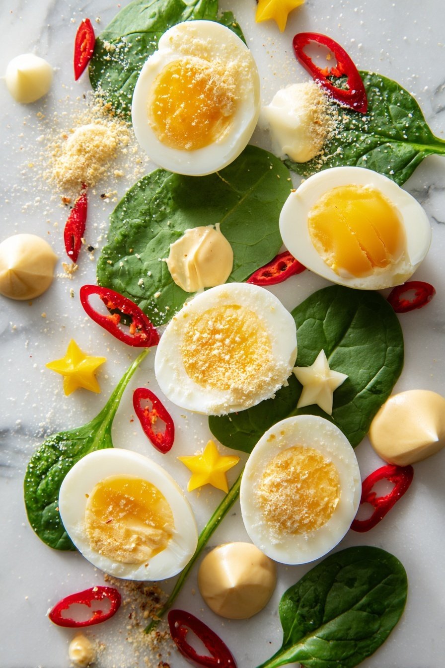 Deviled Egg Christmas Trees, holiday appetizer ideas, festive deviled eggs, Christmas party finger foods, creative holiday snacks - Flat lay of halved hard-boiled eggs with smooth yolks, fresh baby spinach leaves, thinly sliced garlic cloves, vibrant red fresno chili pieces, bright yellow bell pepper cut into small star shapes, creamy mayonnaise dollops, tangy mustard dollops, and a sprinkle of finely grated parmesan cheese, all beautifully arranged on a white marble surface, photo taken with an iphone --ar 2:3 --v 7
