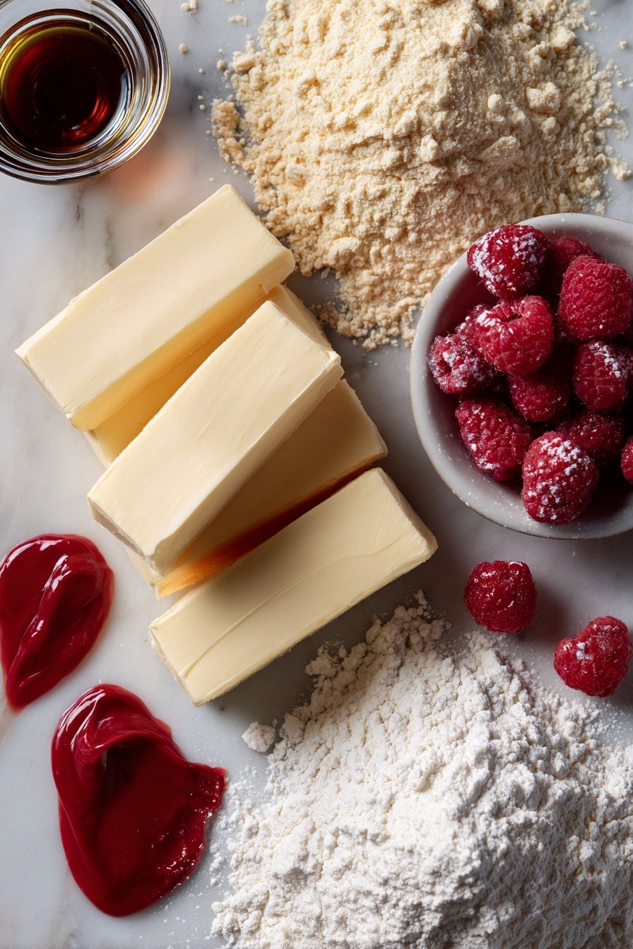 Raspberry Almond Snowball Cookies, snowball cookies with raspberry and almonds, easy holiday cookie recipes, buttery raspberry cookies, almond-filled snowball treats - Flat lay of softened butter sticks with a smooth, creamy texture, fine powdered sugar dusted lightly around, a small glass vial of clear vanilla extract, a pile of all-purpose flour with a soft, powdery surface, a heap of finely ground almonds showing their light brown color, vibrant dollops of glossy seedless raspberry jam with rich red tones, and a few scattered whole raspberries for color contrast, all placed on a white marble surface, photo taken with an iphone --ar 2:3 --v 7