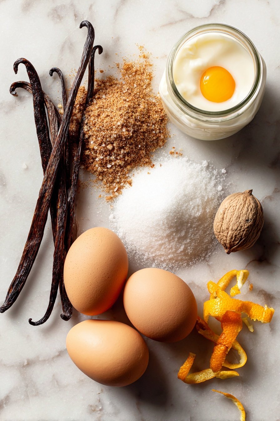 Christmas Eve Cinnamon-Vanilla Custard Pie, holiday custard pie, festive dessert recipe, creamy holiday dessert, Christmas dessert ideas - Flat lay of whole cinnamon sticks, a split vanilla bean with visible seeds, cracked brown eggs, a small mound of granulated sugar, a splash of heavy cream in a glass jar, fresh whole nutmeg, and a few bright orange zest curls, all beautifully arranged on a white marble surface, photo taken with an iphone --ar 2:3 --v 7