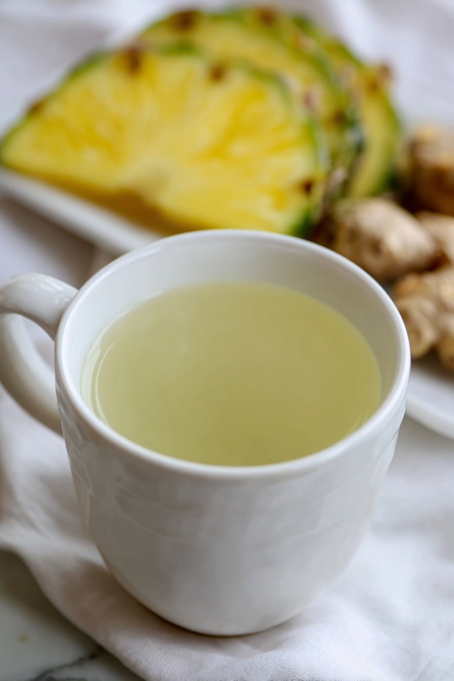 Pineapple Ginger Tea, Pineapple Ginger Tea benefits, How to make pineapple ginger tea, refreshing pineapple ginger beverage, healthy ginger tea drinks - A white ceramic cup filled with a light yellow clear liquid is centered on a white cloth with a soft fold texture. Behind the cup, blurred slices of bright yellow pineapple with green edges and small pieces of light brown ginger are arranged. The cup has a round handle on the left side and sits on a matching white saucer. Everything is placed on a white marbled surface. photo taken with an iphone --ar 2:3 --v 7