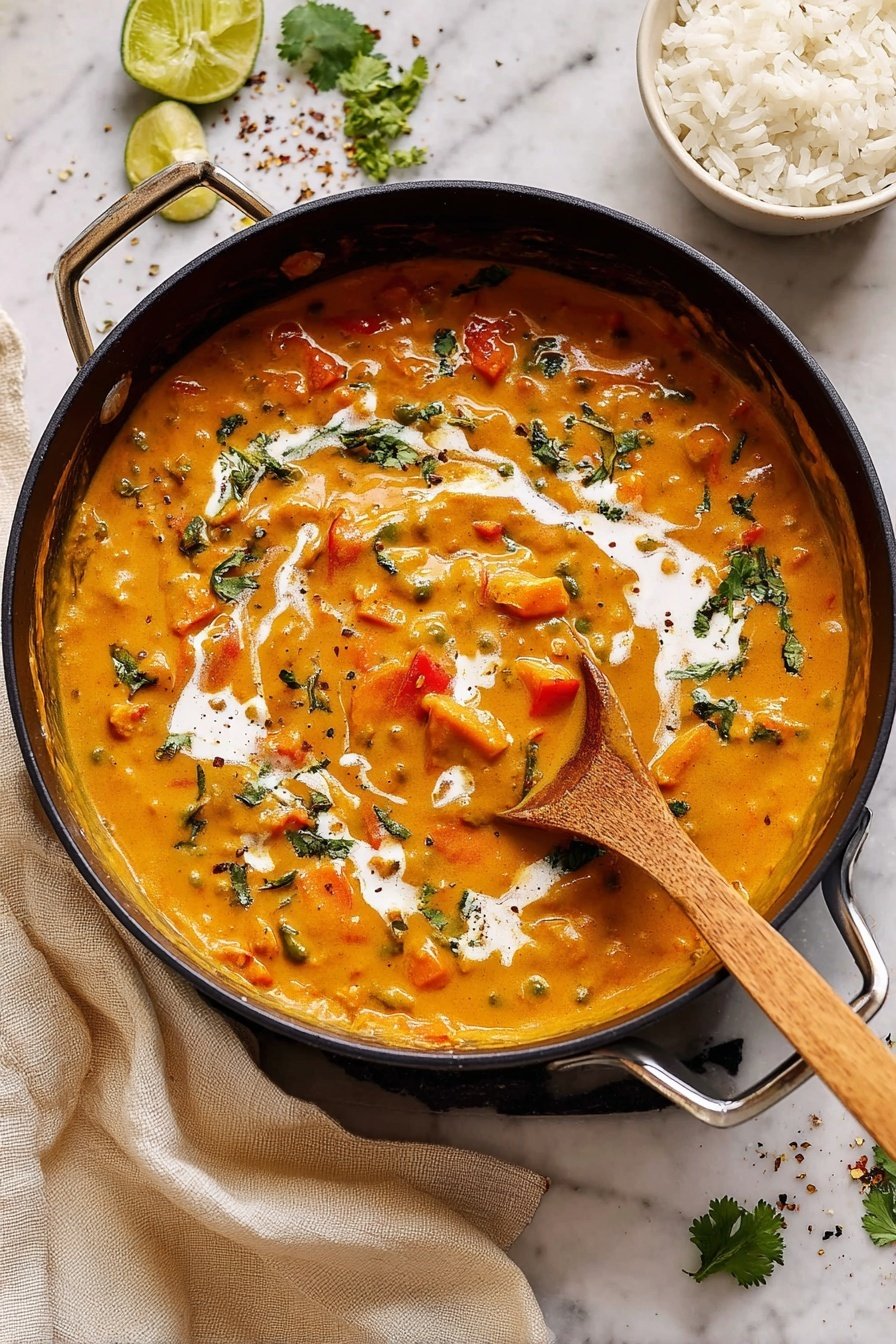 Creamy Pumpkin Curry with Coconut and Veggies, pumpkin curry, coconut pumpkin curry, vegetarian pumpkin curry, healthy fall curry, comforting veggie curry - A black pan filled with thick orange curry, mixed with visible small chunks of vegetables like red peppers and carrots, topped with green herb leaves scattered and swirls of white cream. A wooden spoon rests inside the pan, scooping up some of the curry. The pan sits on a white marbled surface, surrounded by a light beige cloth, a small white bowl with white rice, a lime wedge, and scattered green herbs and spices. photo taken with an iphone --ar 2:3 --v 7