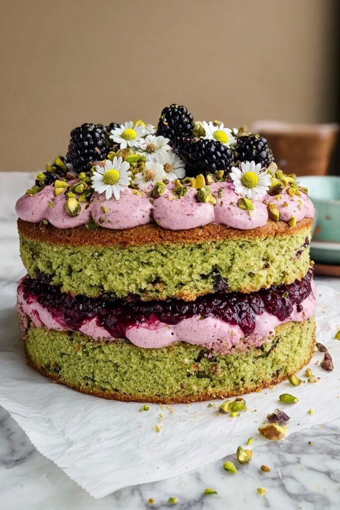 Pistachio and Blackberry Olive Oil Cake with Salted Blackberry Thyme Buttercream Recipe