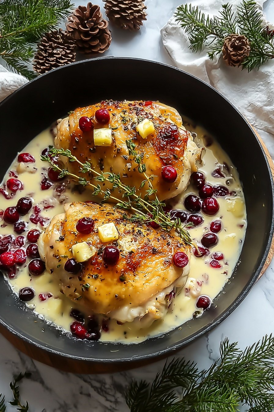 Impressive Cranberry Brie Stuffed Chicken, Cranberry Brie Chicken, Stuffed Chicken Breast with Cranberries and Brie, Elegant Chicken Dinner, Easy Holiday Chicken - The image shows a black pan containing two thick pieces of cooked chicken with golden-brown, slightly crispy skin on top. Each piece is covered with small red berries and a few small yellow butter cubes melting over the chicken. Fresh green thyme sprigs are placed over both pieces. The chicken sits in a light creamy sauce with red berry bits mixed in. The pan is on a white marbled surface decorated with pine cones and green pine branches nearby. photo taken with an iphone --ar 2:3 --v 7