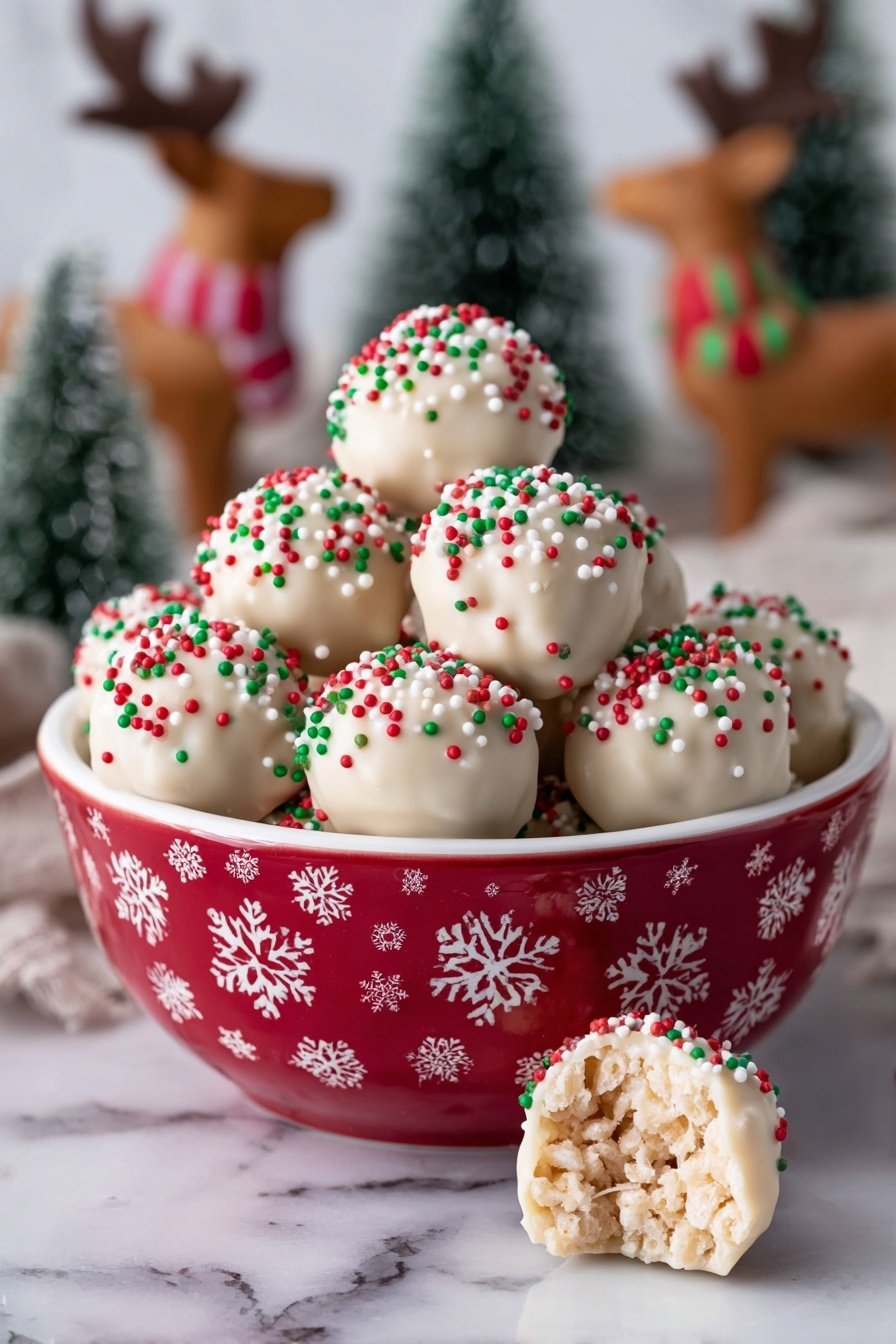 Christmas Rice Krispie Treats, festive holiday dessert, easy Christmas treats, popcorn and marshmallow bars, white chocolate holiday snacks - A close-up view of round treats coated in smooth white chocolate, each topped with festive sprinkles in red, green, and white colors, creating a textured crown on the upper half. One treat is broken in half, showing a light beige, crispy, bubble-filled interior with a crunchy texture. The treats are piled together on a white plate with a red and green striped rim, placed on a white marbled background. Photo taken with an iphone --ar 2:3 --v 7