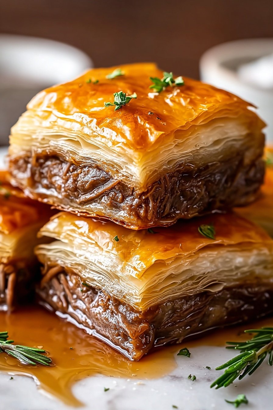 French Dip Squares, French Dip Squares Recipe, easy French dip appetizer, savory snack ideas, crowd-pleasing party appetizer - There are three stacked square pieces of layered meat pie on a white marbled surface. Each piece has two layers of golden, shiny, flaky pastry on the top and bottom, with a thick, tender, dark brown meat layer in the middle. The meat shows a stringy texture with juice glistening on it, and small green herb sprigs sit on top of the pies. There is a sauce pooling underneath and around the pie pieces, adding a rich look. In the background, there is a small white bowl partly visible. Photo taken with an iphone --ar 2:3 --v 7