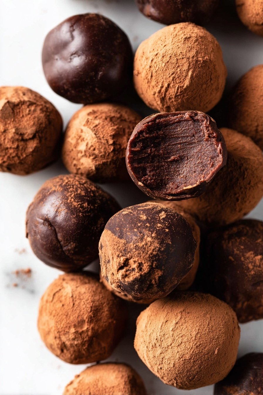 Chocolate Truffles, Chocolate Truffles Recipe, Easy Chocolate Truffles, Homemade Chocolate Truffles, Decadent Chocolate Treats - The image shows many small round chocolate truffles on a white marbled surface. Some truffles are coated with dark shiny chocolate, smooth and slightly cracked on the surface. Other truffles are covered with a light brown cocoa powder, which gives them a rough texture. One truffle near the top is broken in half, showing a dense dark brown inside with a slightly textured pattern from a fork. The truffles are clustered together, filling most of the frame, with soft natural light highlighting their textures and shapes. photo taken with an iphone --ar 2:3 --v 7