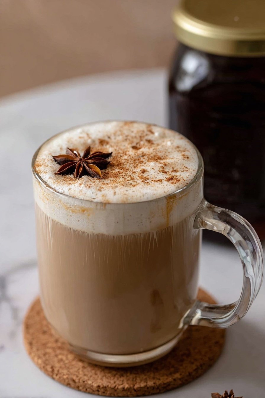 Gingerbread Syrup for Coffee, holiday coffee syrup, easy gingerbread syrup, winter coffee flavor, festive coffee syrup - A clear glass mug holds a light brown creamy drink with a thick layer of frothy foam on top, sprinkled with a dusting of warm brown powder and a whole star anise resting slightly off-center on the foam. The mug sits on a round cork coaster placed on a white marbled surface. Next to the mug, on the right side, is a dark jar with a gold lid, partially visible and blurred in the background. The overall look is warm and inviting with soft, natural lighting. photo taken with an iphone --ar 2:3 --v 7