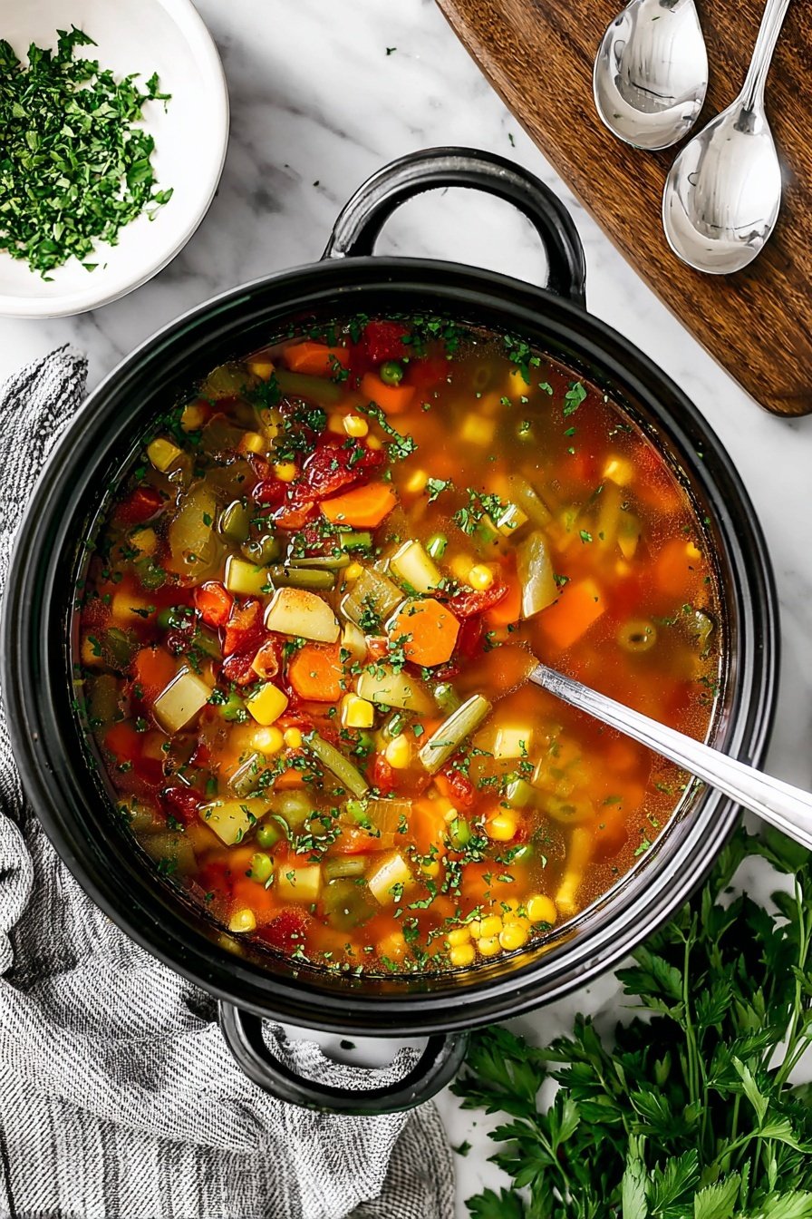 Easy Vegetable Soup, healthy vegetable soup, quick veggie soup recipe, wholesome vegetable soup, beginner-friendly vegetable soup - A black pot filled with vegetable soup, showing two layers: the top clear broth with green herbs sprinkled across, and a mix of colorful vegetables inside including orange carrot slices, red tomato chunks, light yellow potato pieces, green beans, peas, and bits of corn. A silver spoon rests in the pot, dipping into the soup. Around the pot, on a white marbled surface, is a small white bowl with chopped green herbs on the top left, a white bowl with two spoons on the top right, and a wooden board with fresh green parsley leaves on the bottom left. The pot sits partly on a grey and white striped cloth. Photo taken with an iphone --ar 2:3 --v 7