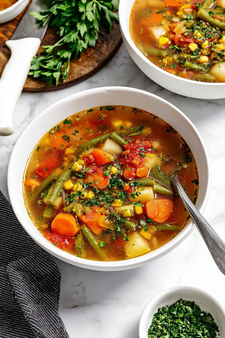 Easy Vegetable Soup, healthy vegetable soup, quick veggie soup recipe, wholesome vegetable soup, beginner-friendly vegetable soup - In the image, a white bowl is filled with clear vegetable soup showing layers of colorful vegetables—orange carrots, green beans, red tomatoes, yellow corn, white potatoes, and bits of green herbs sprinkled on top. A silver spoon rests inside the bowl on the right side. Behind it, there is a small white bowl filled with chopped green herbs, and another white bowl with the same soup partly visible. To the left, part of a white knife handle and fresh green parsley are on a wooden board, all set against a white marbled surface. A dark gray striped cloth is placed near the bottom left corner. Photo taken with an iphone --ar 2:3 --v 7