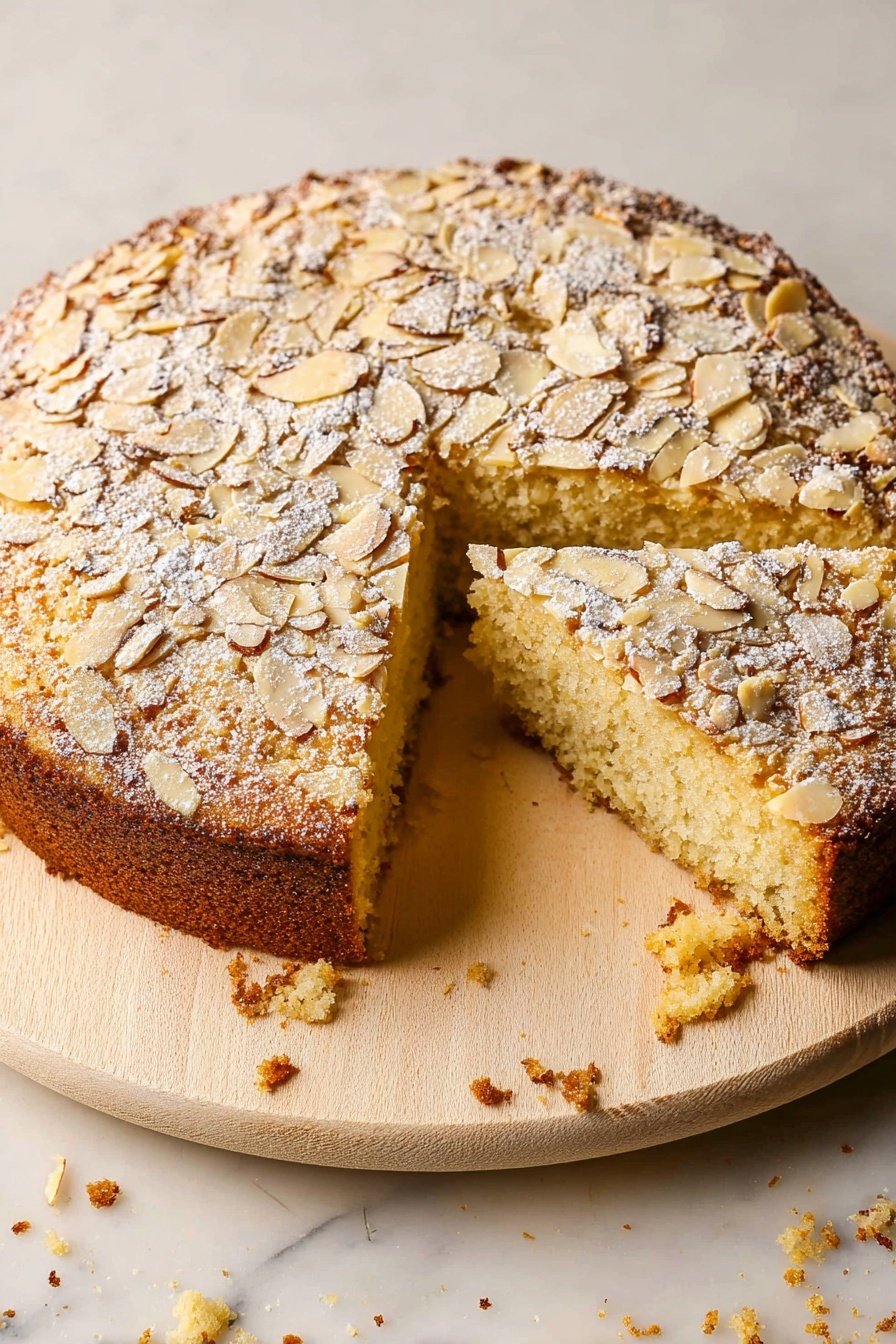 Cardamom Almond Cake, almond cake with cardamom, nutty spiced cake, fragrant almond cake recipe, toasted almond cake - A round almond cake is placed on a light wooden board over a white marbled surface. The cake has a golden brown crust with a top layer covered in toasted almond slices and a light dusting of powdered sugar that adds a soft white texture. One slice is taken out and slightly pulled away, showing the dense, moist, pale yellow inside of the cake. The cake’s edges are darker and crisp, contrasting with the soft inside. There are some crumbs scattered around the board. Photo taken with an iphone --ar 2:3 --v 7