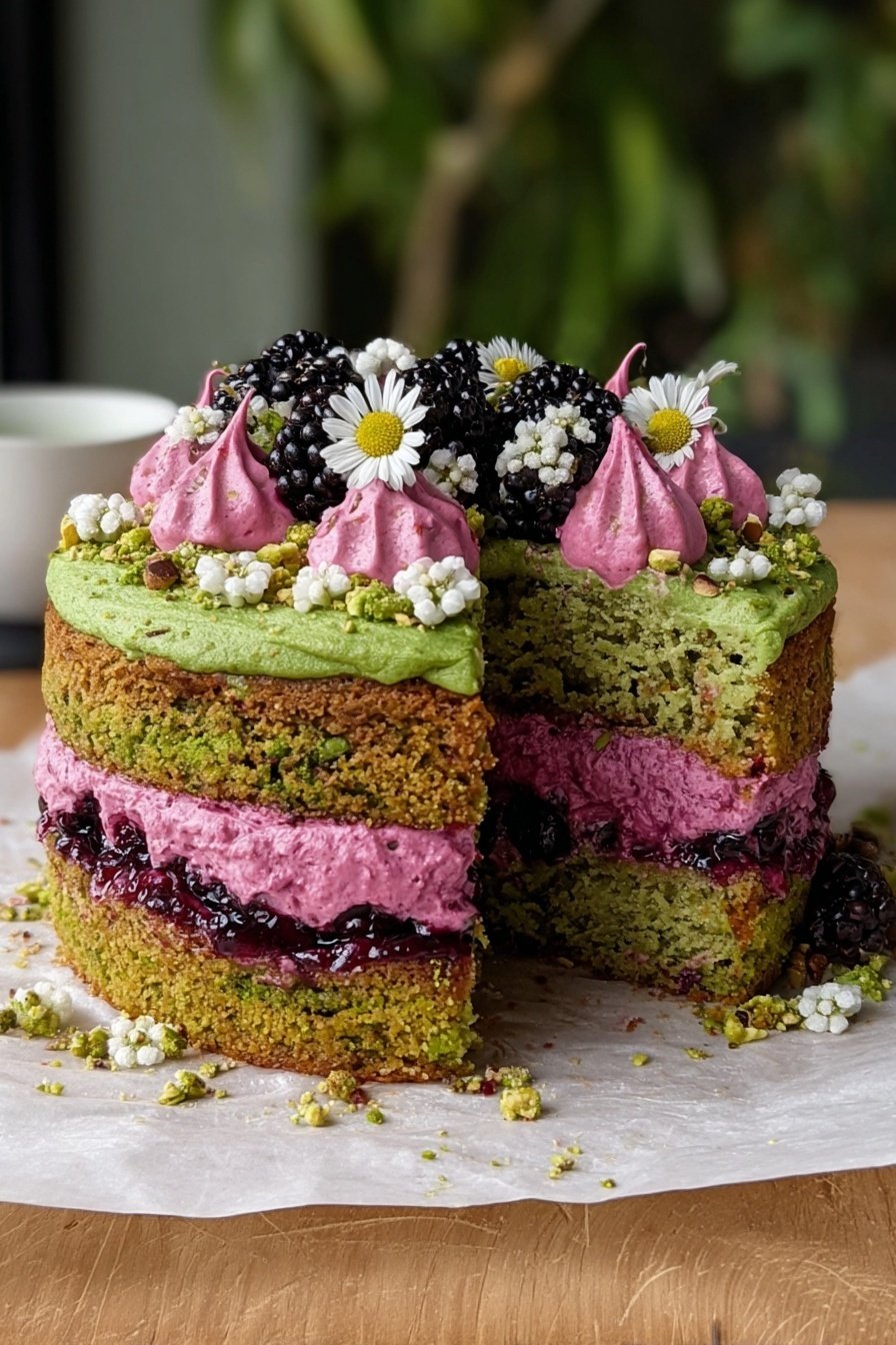 Pistachio and Blackberry Olive Oil Cake with Salted Blackberry Thyme Buttercream, pistachio blackberry cake, olive oil berry cake, blackberry dessert with thyme, elegant berry cake - The image shows a two-layer green cake with a rough, crumbly texture. Between the two layers, there is a thick layer of bright pink cream mixed with a dark purple berry sauce. On top of the cake, there is a layer of green frosting, topped with dollops of bright pink cream, sprinkled with small chopped nuts. The top is decorated with whole blackberries and small white edible flowers. The cake sits on white baking paper over a wooden surface with green plants blurred in the background. Photo taken with an iphone --ar 2:3 --v 7