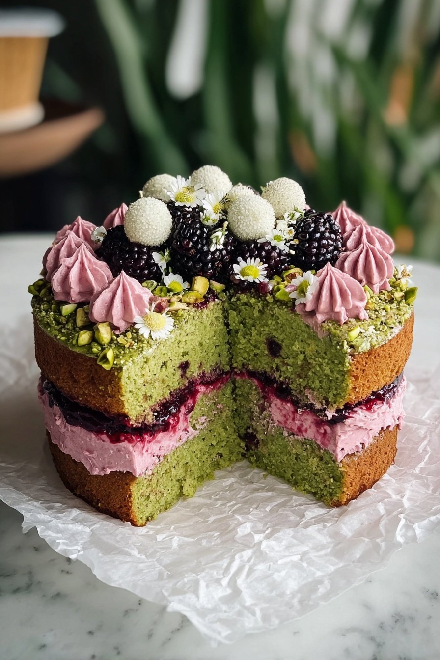 Pistachio and Blackberry Olive Oil Cake with Salted Blackberry Thyme Buttercream, pistachio blackberry cake, olive oil berry cake, blackberry dessert with thyme, elegant berry cake - A two-layer round cake with green sponge layers showing small darker bits inside, filled in the middle with bright pink cream and a layer of dark red berry jelly. Pink cream dollops line the top edge of the cake, sprinkled lightly with chopped green nuts, white edible flowers, and small white pompom-like flowers. The center top is decorated with shiny blackberries. The cake is on wrinkled white paper over a white marbled surface, with blurred green plant leaves in the background. Photo taken with an iphone --ar 2:3 --v 7