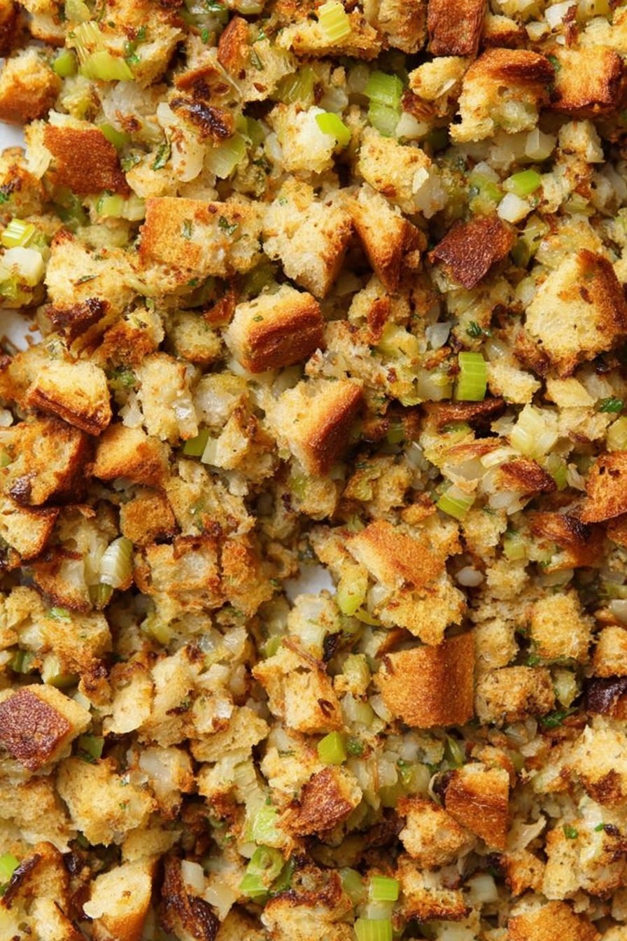 Homemade Stuffing, classic stuffing recipe, holiday stuffing, savory stuffing recipe, easy stuffing for Thanksgiving - The image shows a close-up view of a large amount of stuffing. It has many broken and toasted bread pieces that are golden brown with some dark brown toasted spots. Mixed throughout are small pieces of light green celery and bits of cooked onion, giving it a slightly varied texture and color. The stuffing looks crumbly and uneven, with fresh and cooked ingredients blended closely together. The background is a white marbled texture. photo taken with an iphone --ar 2:3 --v 7