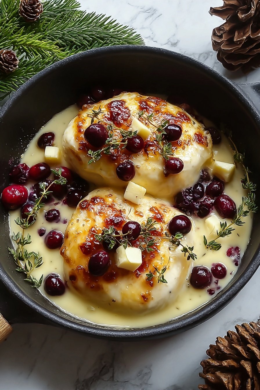 Impressive Cranberry Brie Stuffed Chicken, Cranberry Brie Chicken, Stuffed Chicken Breast with Cranberries and Brie, Elegant Chicken Dinner, Easy Holiday Chicken - In a black pan placed on a white marbled surface, two round, golden-brown pieces of cheese are melting with a smooth, creamy texture. The top layer is shiny with browned spots, scattered with small red cranberries and a few dark purple berries. Sprigs of fresh green thyme are spread over the cheese along with small cubes of pale yellow butter. The sauce below is light cream with hints of red from the berries, pooling softly around the cheese. Pine cones and green plant leaves decorate the background, giving a cozy feeling. Photo taken with an iphone --ar 2:3 --v 7