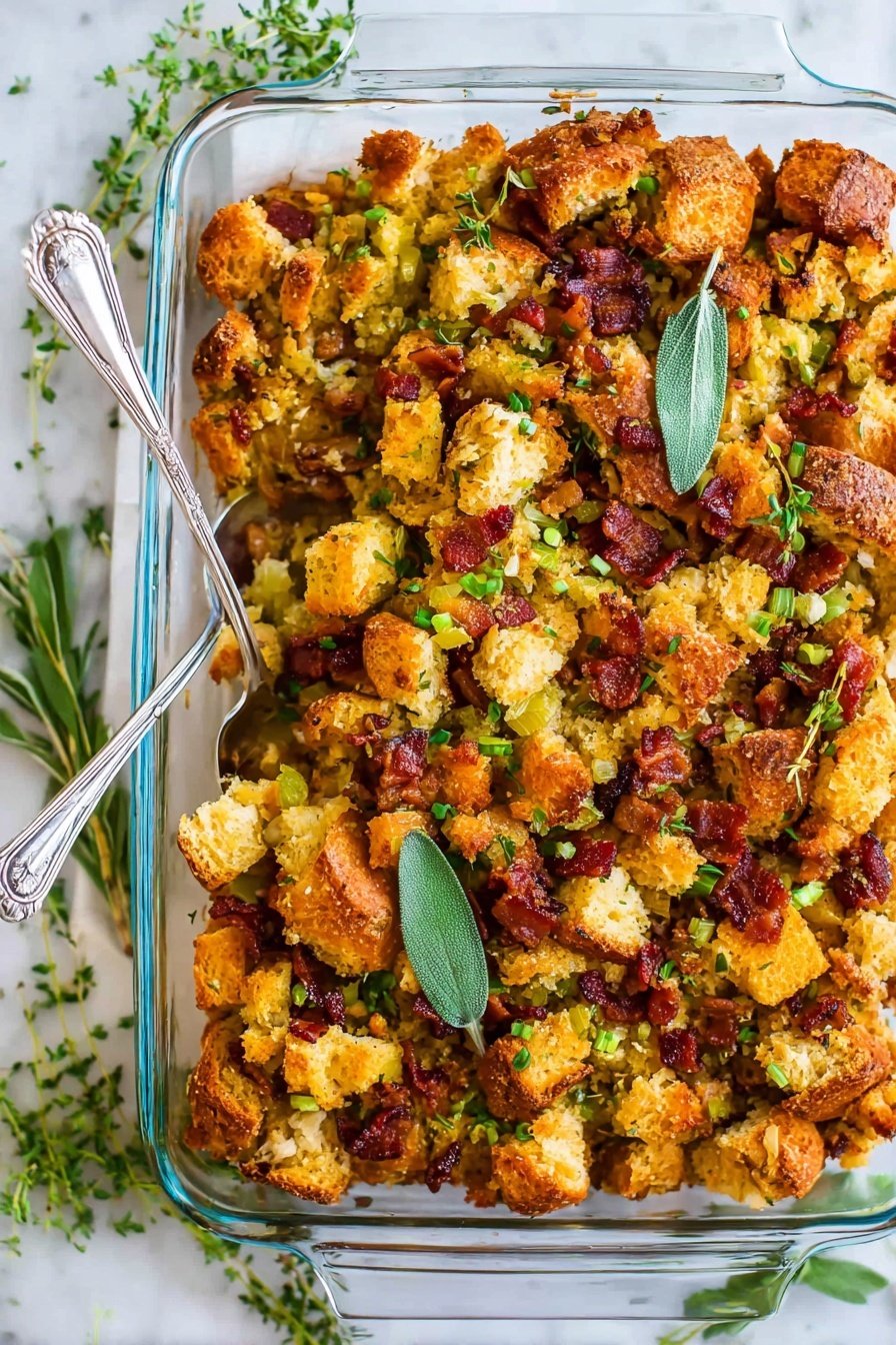 Bacon Cornbread Stuffing, holiday stuffing with bacon, cornbread stuffing recipes, savory bacon stuffing, easy cornbread stuffing ideas - A clear glass baking dish filled with a golden-brown stuffing mix, showing chunky pieces of toasted bread in different shades of golden and dark brown. Small bits of crispy bacon or sausage are scattered throughout, adding rich reddish-brown color. Green herbs, like sage leaves on top and chopped herbs mixed in, give fresh green accents. The texture looks crunchy on the top with some softer, crumbly pieces underneath. Two silver spoons rest inside the dish, ready to serve. The baking dish is placed on a white marbled surface with some fresh herbs around it for decoration, photo taken with an iphone --ar 2:3 --v 7