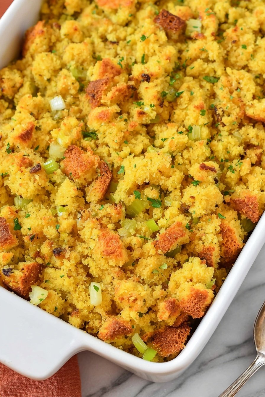 Cornbread Dressing, delicious cornbread stuffing, flavorful holiday side dish, moist cornbread casserole, savory dressing recipes - The image shows a white rectangular baking dish filled with a single layer of golden-yellow cornbread stuffing. The stuffing is crumbly, with some browned, toasted spots on top, and small pieces of green celery mixed throughout. The texture looks soft with a bit of crisp on the edges. The dish is placed on a white marbled surface, and a silver spoon is partially visible on the right side near the dish's edge. Photo taken with an iphone --ar 2:3 --v 7