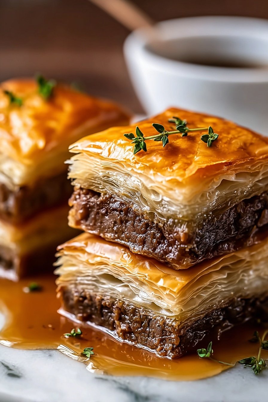 French Dip Squares, French Dip Squares Recipe, easy French dip appetizer, savory snack ideas, crowd-pleasing party appetizer - The image shows three square pieces of layered meat pie stacked on a white marbled surface. Each piece has two main layers: a thick, tender dark brown meat layer in the middle with a shiny texture, and a golden-brown, flaky puff pastry layer on top that appears crisp and slightly glossy. The top pastry layer has small, delicate green herb sprigs placed on it for garnish. Around the pies is a glossy brown sauce pooling underneath them, adding a rich shine. In the background, a white bowl with more sauce is blurred out, emphasizing the focus on the pies. Photo taken with an iphone --ar 2:3 --v 7