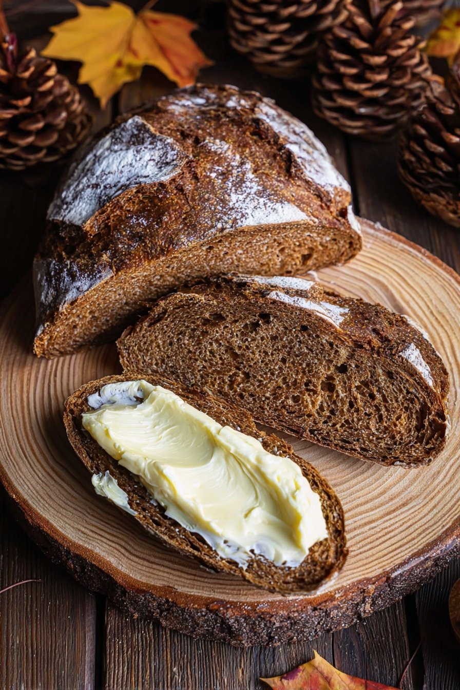 Molasses Brown Soda Bread, Irish soda bread with molasses, hearty Irish bread recipe, rustic brown soda bread, traditional Irish baking - The image shows a loaf of dark brown rustic bread with a thick, rough crust dusted lightly with white flour on top. Two long slices are cut from the loaf, one of them spread with a generous layer of creamy, pale yellow butter, showing a soft, slightly grainy texture underneath. The bread and slices rest on a round wooden board with visible tree rings around the edges, placed on a dark wooden table decorated with pine cones and autumn leaves in the background. The setting gives a cozy and natural feel. Photo taken with an iphone --ar 2:3 --v 7