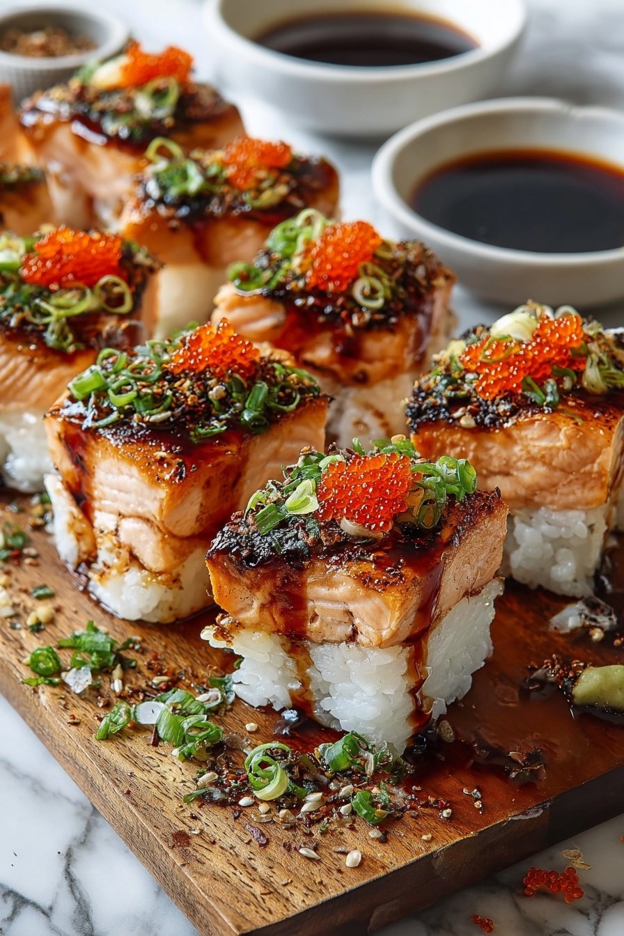 Spicy Salmon Sushi Bake, sushi bake recipe, baked salmon sushi, easy sushi dinner, salmon sushi casserole - The image shows nine square sushi pieces arranged on a wooden board. Each piece has two layers: a thick base layer of sticky white rice and a top layer of grilled salmon with a slightly charred texture. On top of the salmon, there is a dark brown sauce drizzled unevenly, along with small bright orange fish roe, and finely chopped green onions scattered around and on top. The sushi is sprinkled lightly with black and white sesame seeds and tiny seaweed bits. In the background, there are two white bowls with dipping sauce and spices. The scene is set on a white marbled surface. photo taken with an iphone --ar 2:3 --v 7